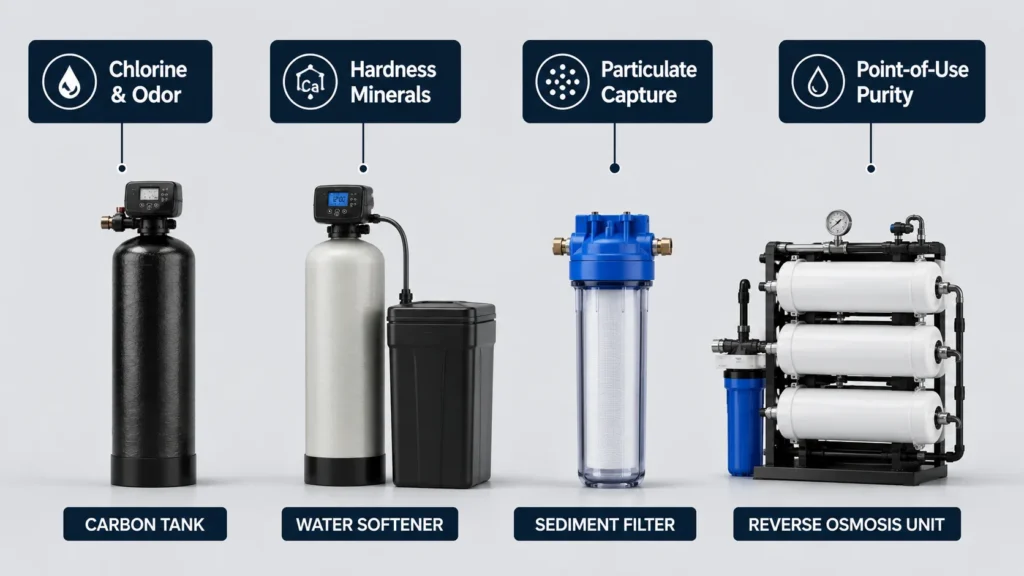 Comparison diagram showing technology options when evaluating whole-home filtration options in Irvine.