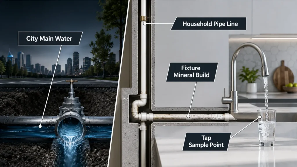 Diagnostic comparison graphic explaining tap water analysis during an in-home water test in Irvine.
