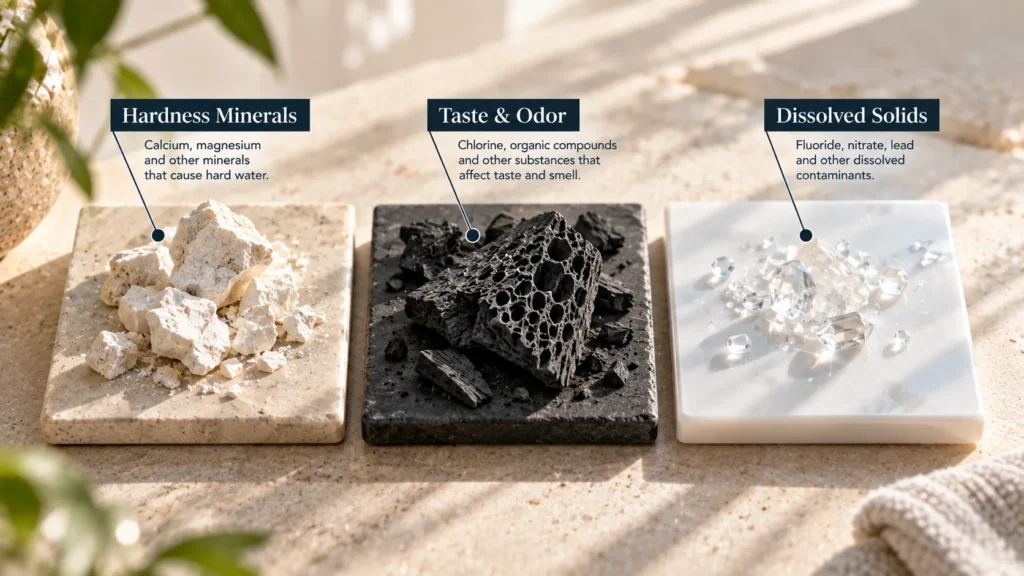 A three-part natural stone texture comparison demonstrating the distinct water quality targets addressed by water softener vs filtration vs RO systems.
