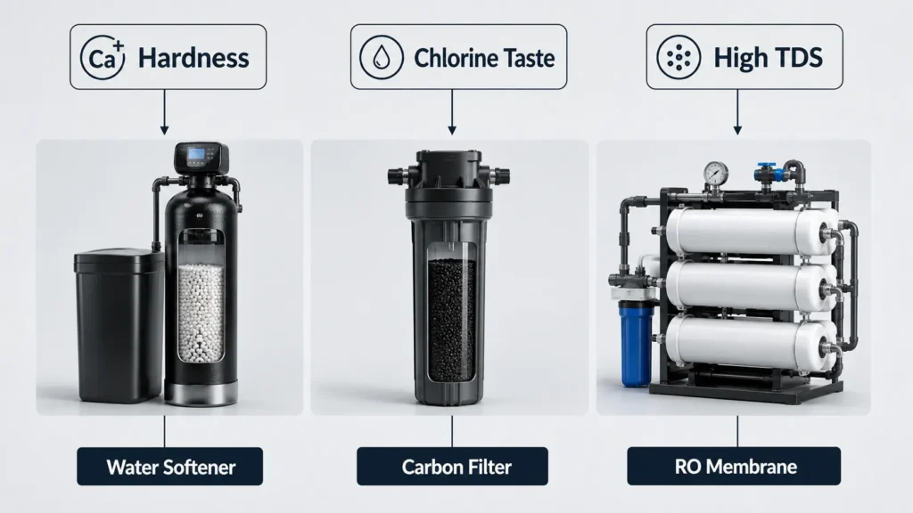 Solution matching matrix outlining equipment choices after an in-home water test in Irvine.