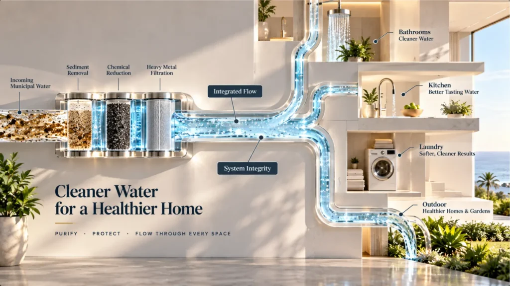 High-key architectural integration visual of a smooth, transparent sculpted flow artery integrated into a concrete wall, running through different home zones, visualizing dynamic, whole-home water integrity with a water filtration system for home.