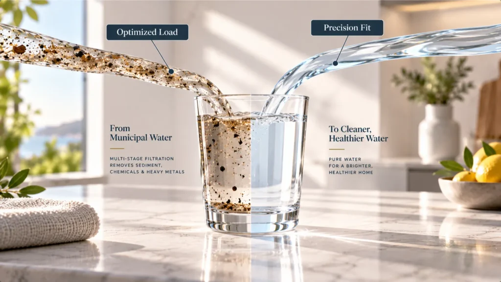 Macro photograph of clear water precisely filling a glass vessel to an etched line, illustrating ideal capacity matching for whole-home use without excess waste from a water filtration system for home.