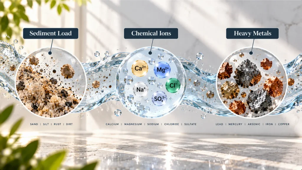 High-key conceptual visualization of distinct micro-contaminant types contained within geometric forms, emphasizing specific diagnostic needs for a whole-home water filtration system for home.