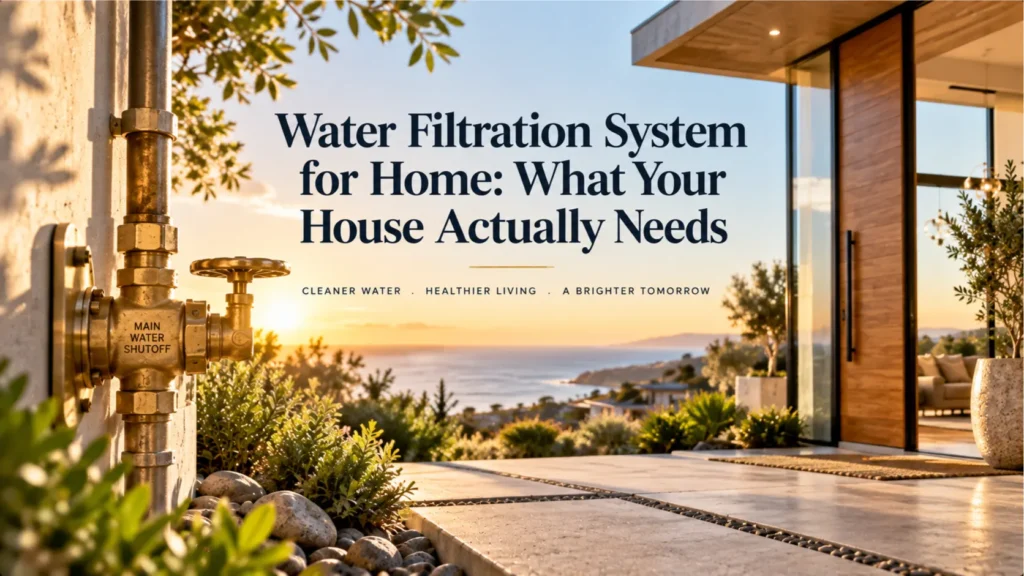 Close-up architectural detail of a sun-drenched Irvine home’s main water entry valve during early morning, illustrating the customized beginning point for a whole-home water filtration system for home