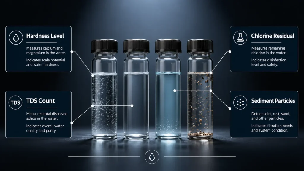 Key water quality parameters evaluated during an in-home water test in Irvine.