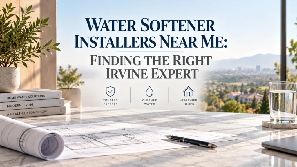 Editorial hero banner representing expert water softener installation and testing in Irvine homes.