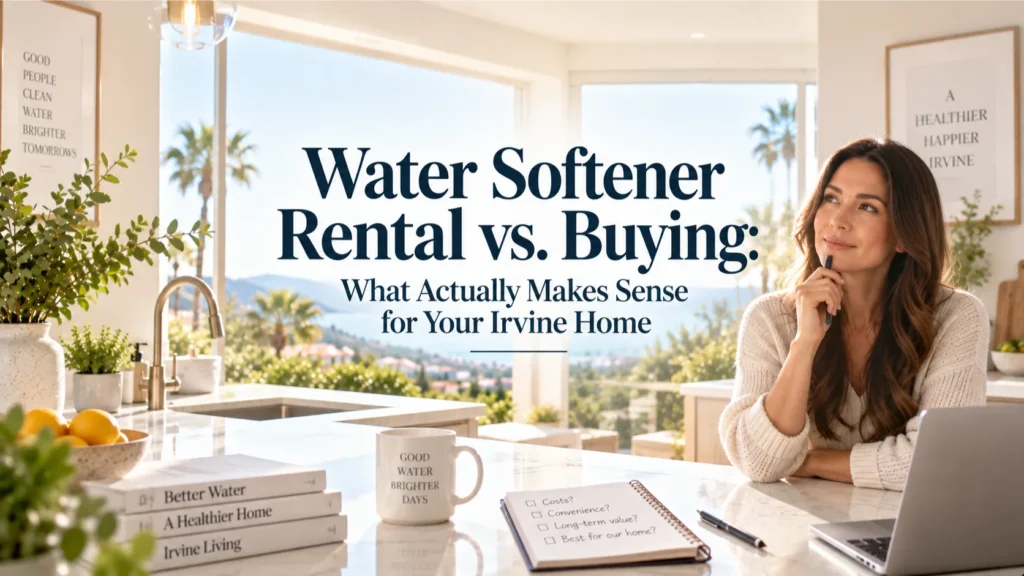Homeowner contemplating water softener rental vs. buying options in a modern Irvine home interior.