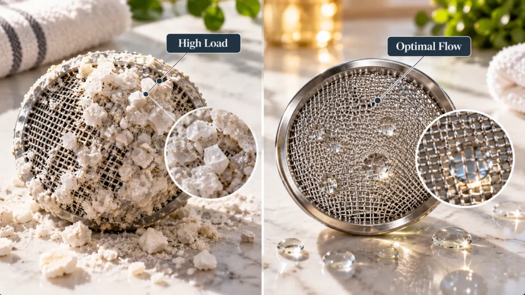 A dynamic macro photograph comparing fine mesh filters capturing mineral hardness loads, illustrating the concept of determining the correct water softener size.