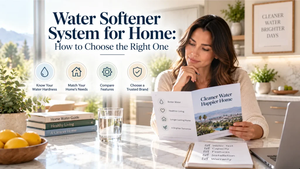 Homeowner reviewing water test results in a sunlit Irvine kitchen to choose the right water softener system for home.