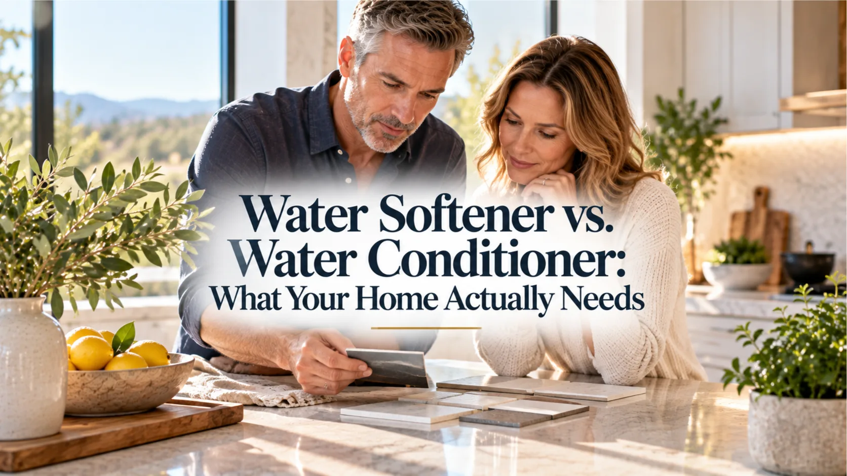 A couple examining water test results comparing a water softener with a water conditioner.