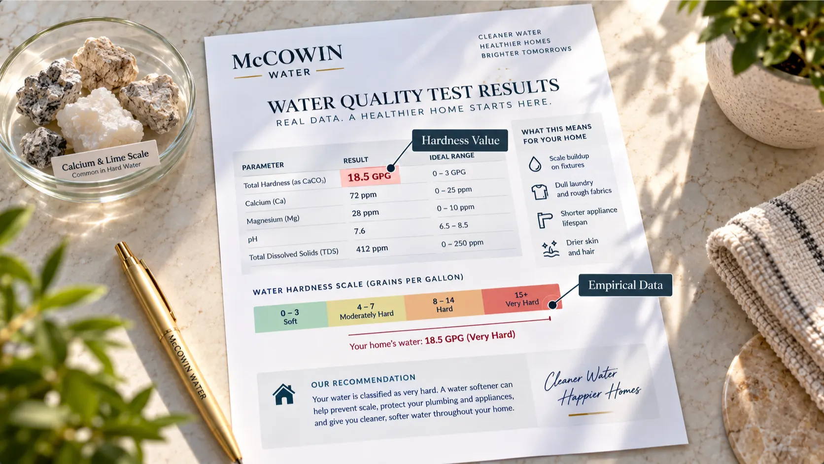 Overhead view of a water assessment report used to decide if a home needs a water softener.