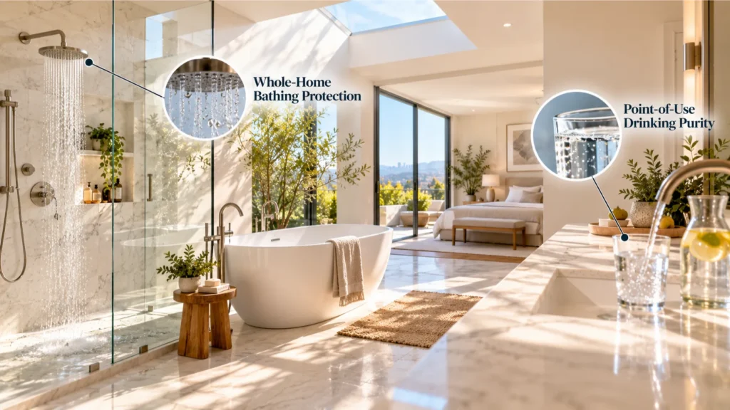 A luxury sunlit Irvine master bathroom suite, demonstrating the whole-home water treatment scope when comparing RO vs carbon filtration.