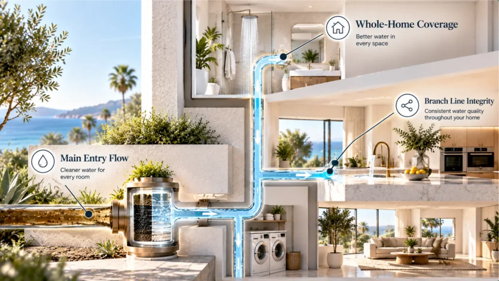 Architectural integration schematic of an Orange County home illustrating whole-home water filter spatial pathway integrity branching to multiple fixtures.