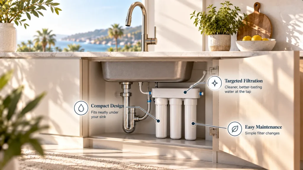 An etched volumetric line, illustrating optimized load matching in the whole-home water filter vs. under-sink decision criteria.