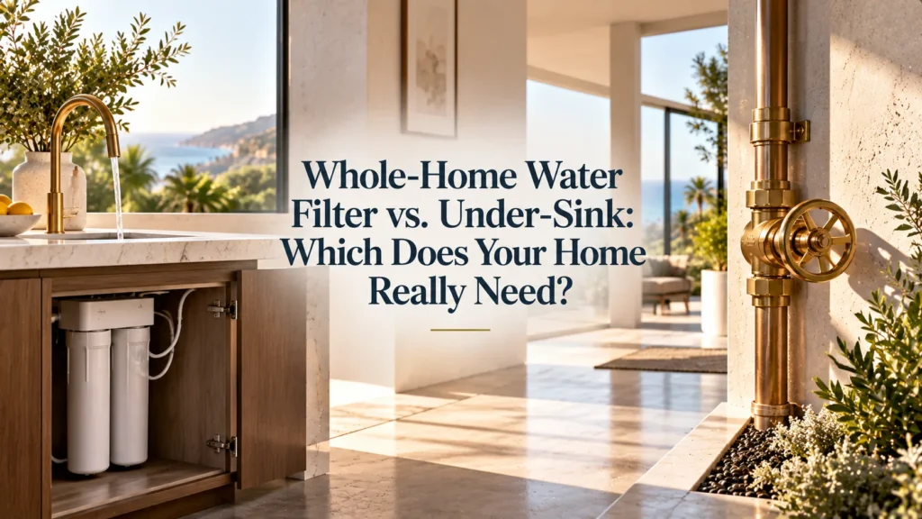 Architectural twilight view of an Orange County home showing the distinction between whole-home water filter vs. under-sink coverage and daily water entry integrity.