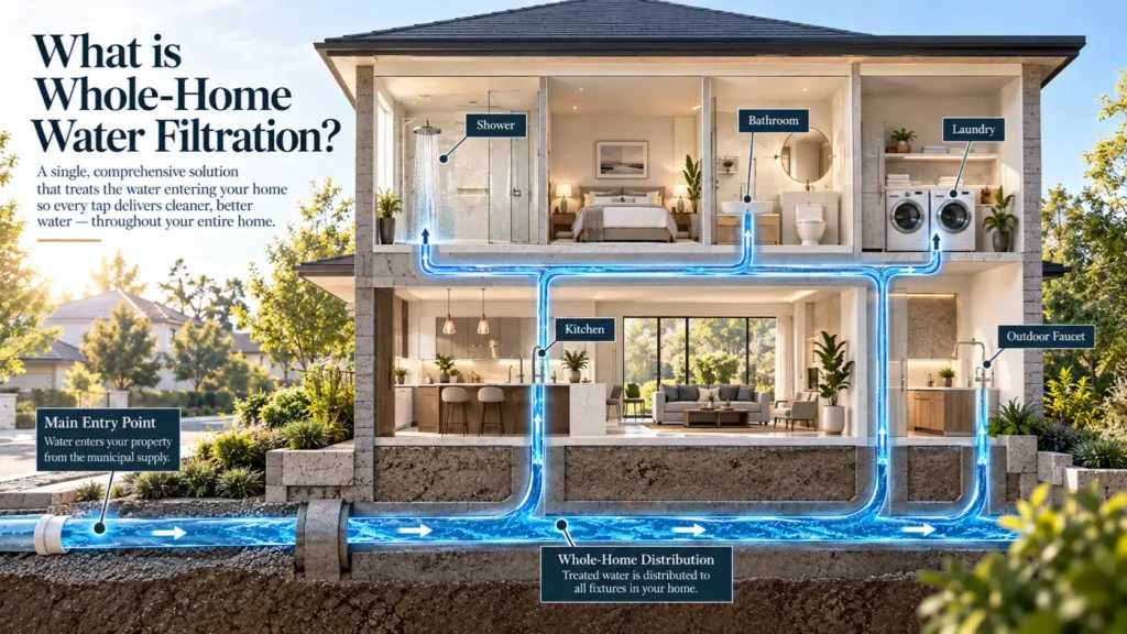 Architectural cutaway of a modern home main line showing treated water branching to all fixtures, explaining what is whole-home water filtration.
