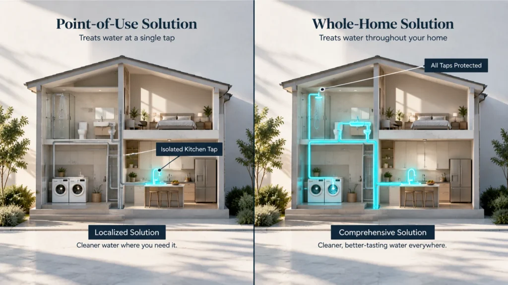 A side-by-side diagram contrasting the localized coverage of an under-sink water filter with the comprehensive, whole-home filtration system.