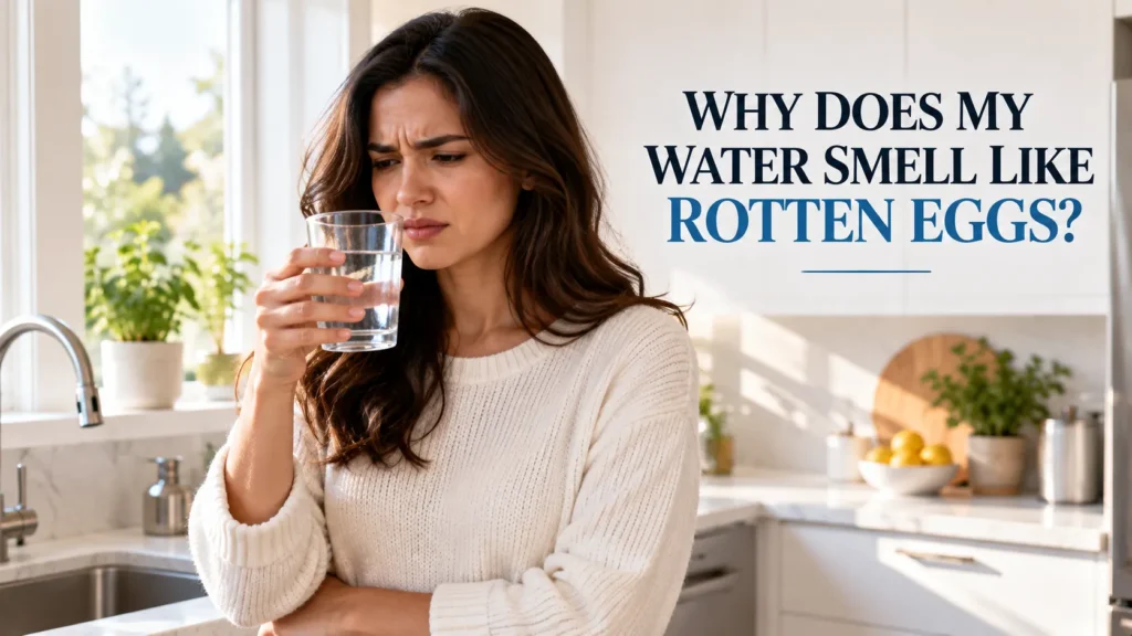 A homeowner hesitating and smelling a glass of tap water in the kitchen to diagnose a rotten egg odor.