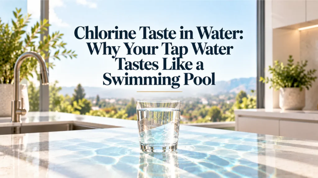A close-up view of a glass of water on a kitchen counter, juxtaposed with a visual metaphor of a swimming pool reflection, illustrating chlorine taste in water concerns in Irvine.