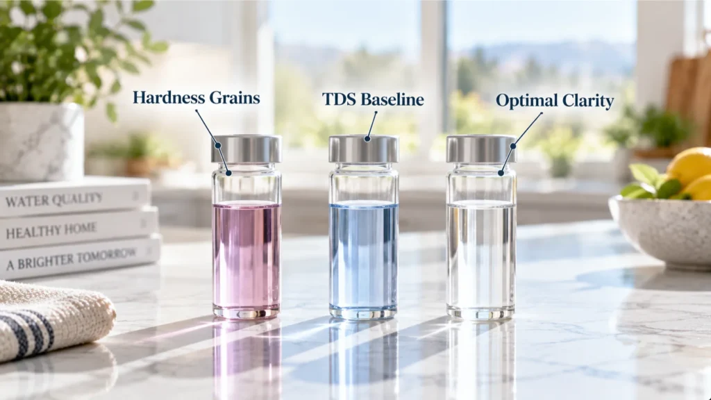 Macro view of clear water testing vials on a sunny Irvine kitchen counter to measure hardness grains per gallon.