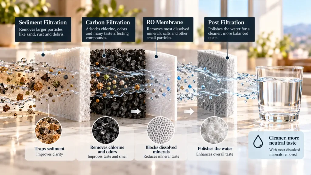 Material texture matrix of active carbon and filtration layers showing how filter stages impact Reverse Osmosis Water Taste.