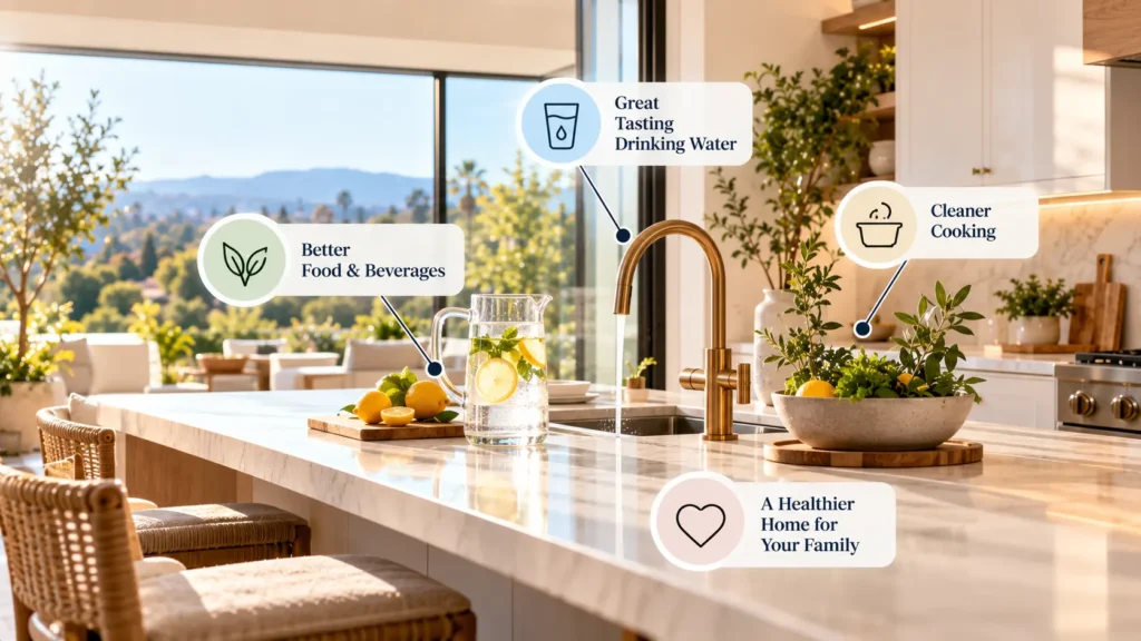 A premium kitchen island environment visualized for drinking water fresh daily, showing the optimal outcome of a professional water filtration system installation.