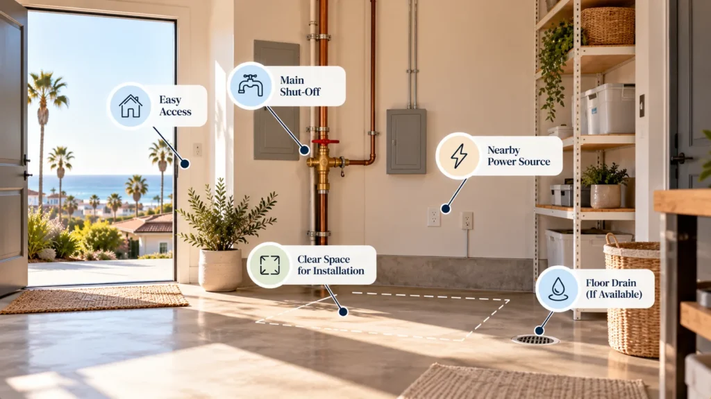 A well-organized, spacious residential utility area prepared for a seamless Water System Installation in Huntington Beach.