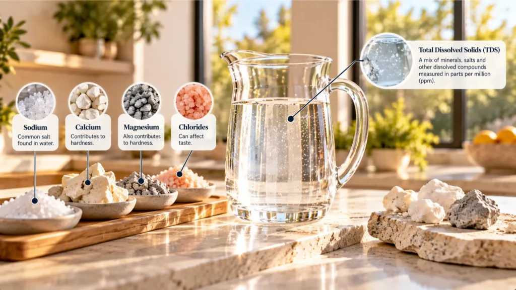 A macro texture comparison of mineral salts and clear liquid, explaining what causes High TDS Water in Anaheim.