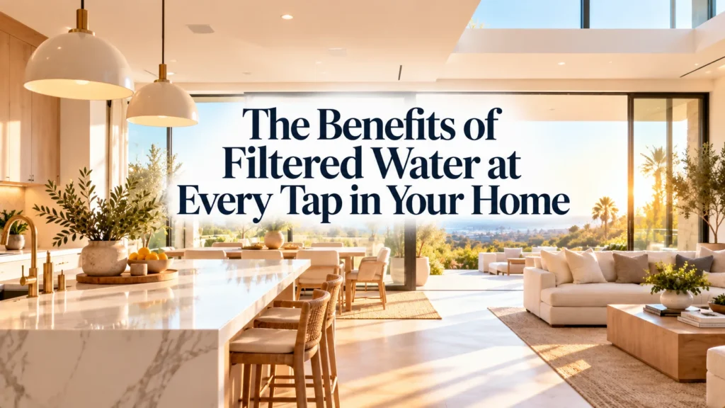 A sunlit open-concept Orange County kitchen and living area showcasing the comprehensive whole house water filter benefits for every room.