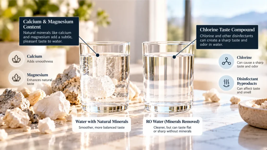 A visual balance of natural calcite crystals and clear liquid representing what to expect from a water test evaluation.