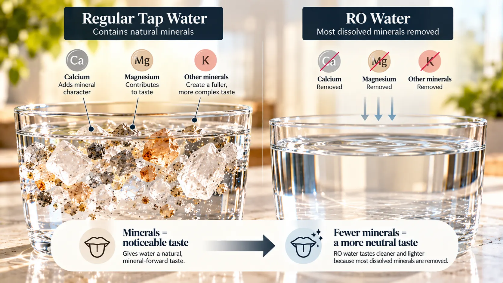 A macro texture study of natural mineral crystals and pure water, illustrating why light mineral content affects Reverse Osmosis Water Taste.
