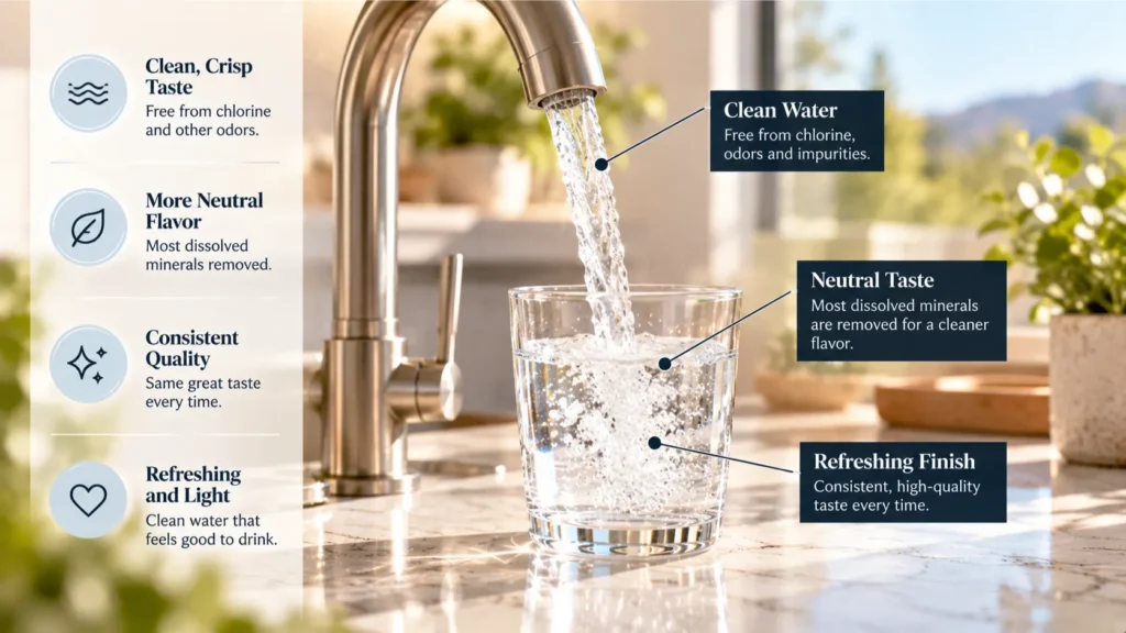 A modern brushed nickel faucet pouring fresh water into a tumbler, displaying cues of consistent Reverse Osmosis Water Taste.