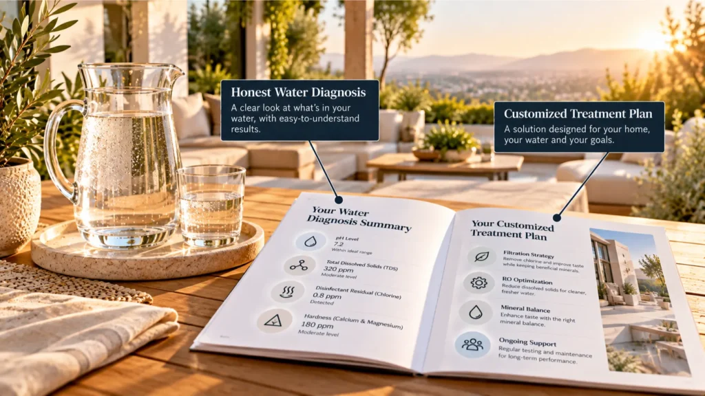 An outdoor Irvine patio setting showcasing the clarity and peace of mind homeowners get when learning what to expect from a water test.