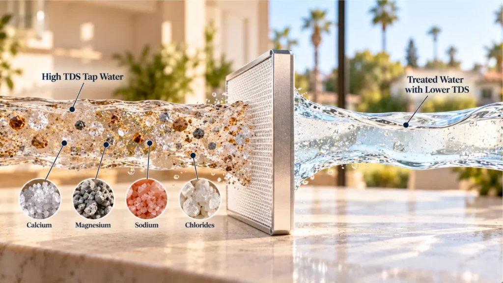 High-key material science concept showing membrane separation used to treat High TDS Water in Anaheim.