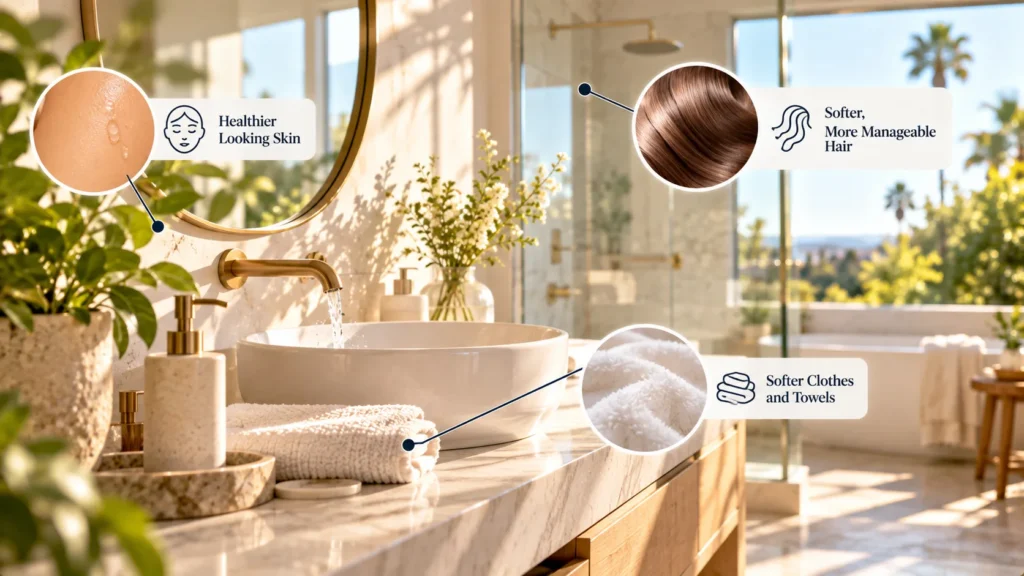 A tranquil sunlit bathroom vanity highlighting skin and morning wellness routines linked to whole house water filter benefits.