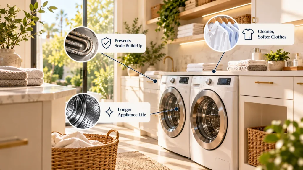 A clean, modern laundry room demonstrating long-term appliance protection derived from whole house water filter benefits.