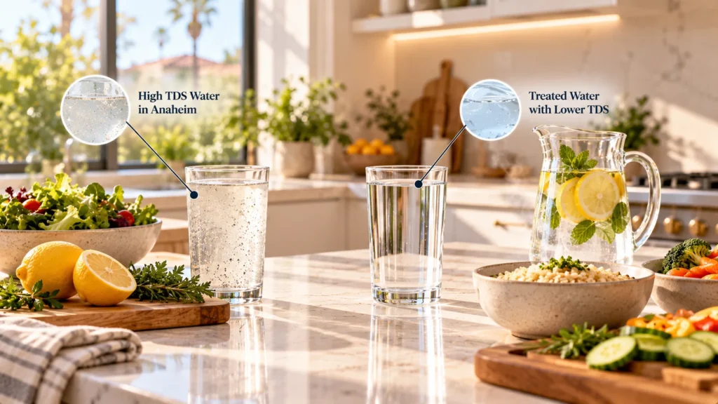 A modern Anaheim kitchen island prepared for beverage and meal prep, showing practical solutions for High TDS Water in Anaheim.