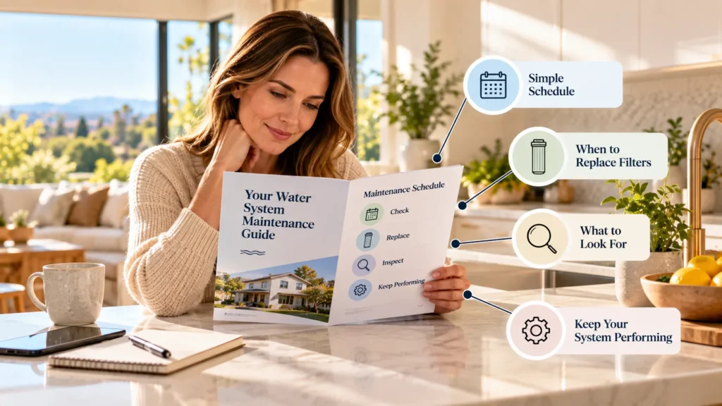 A homeowner reviewing a maintenance schedule and guide following a professional water filtration system installation.