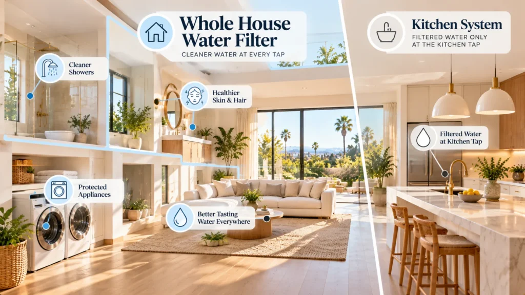 An open-concept modern home interior demonstrating the coverage difference when evaluating whole house water filter benefits versus kitchen systems.
