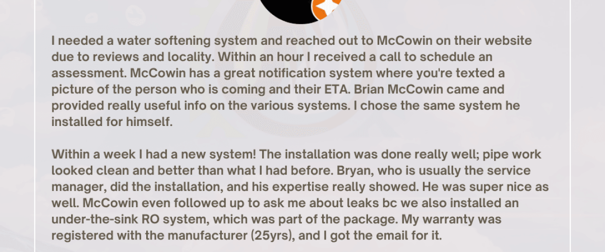 Five-star review from Alex Phan describing his household water filter system installation with McCowin Water, highlighting expert service, clean pipework, and fast results.
