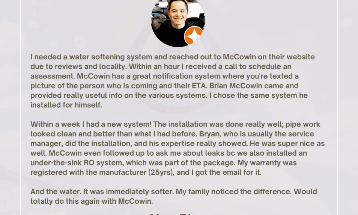 Five-star review from Alex Phan describing his household water filter system installation with McCowin Water, highlighting expert service, clean pipework, and fast results.