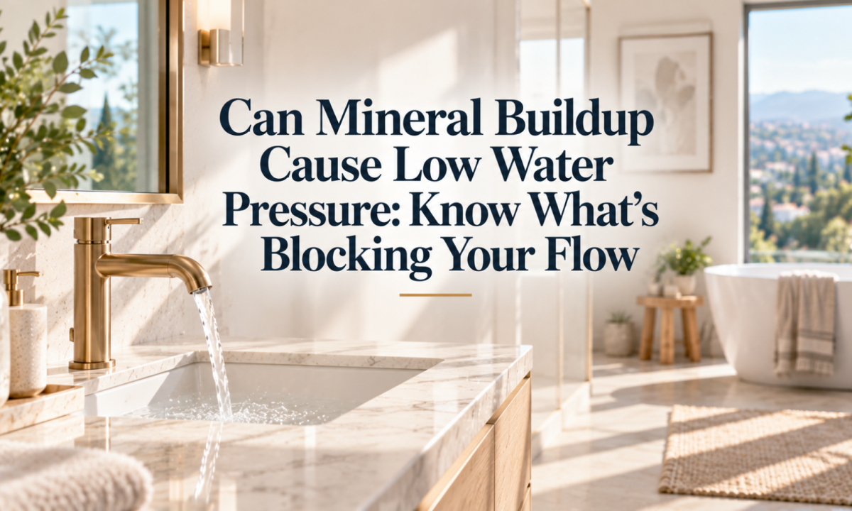 A sunlit Irvine master bathroom vanity setting the context for homeowners learning if can mineral buildup cause low water pressure.