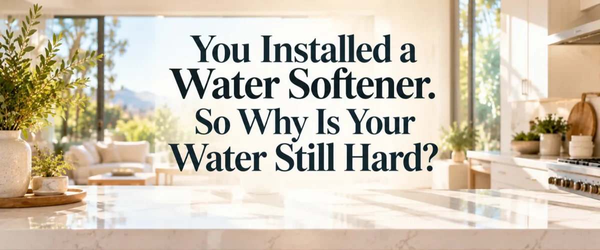 A sun-drenched Irvine kitchen setting the context for homeowners troubleshooting why water is still hard after water softener installation.