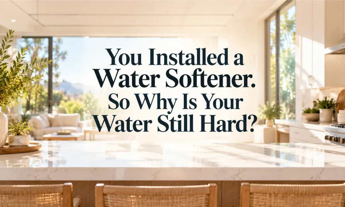 A sun-drenched Irvine kitchen setting the context for homeowners troubleshooting why water is still hard after water softener installation.
