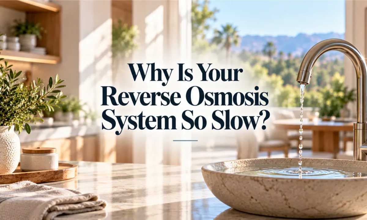 A sun-drenched Irvine kitchen and breakfast space setting the context for homeowners troubleshooting a slow reverse osmosis system.