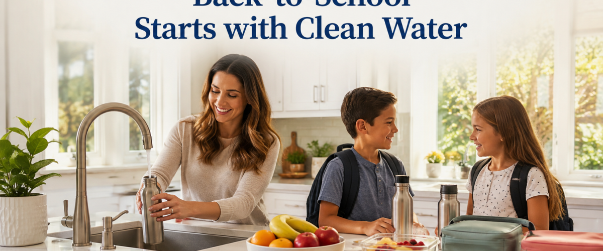Back-to-school morning with a family filling reusable water bottles with clean water in a modern Orange County kitchen.