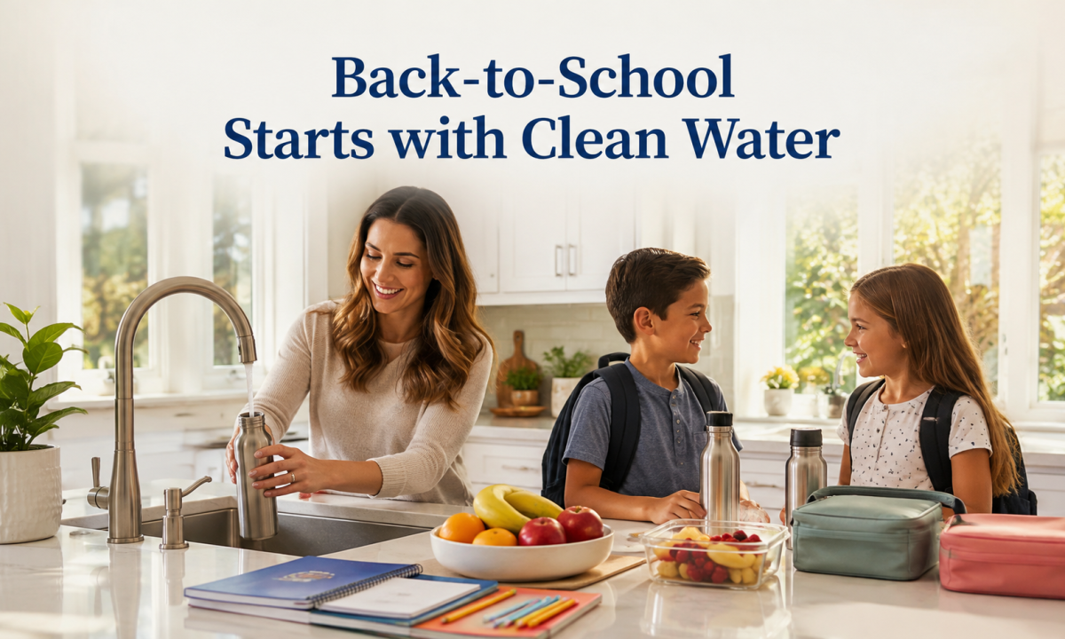 Back-to-school morning with a family filling reusable water bottles with clean water in a modern Orange County kitchen.