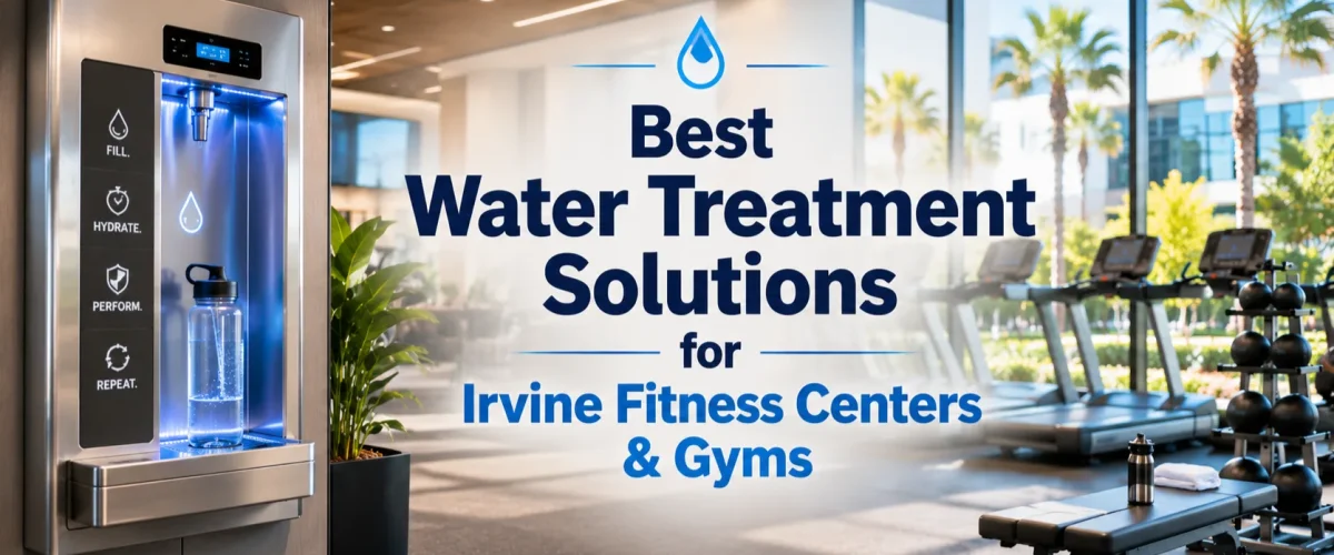 Best Water Treatment Solutions for Irvine fitness centers showing a modern gym hydration lounge and bottle filling station.