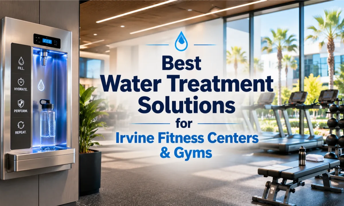 Best Water Treatment Solutions for Irvine fitness centers showing a modern gym hydration lounge and bottle filling station.