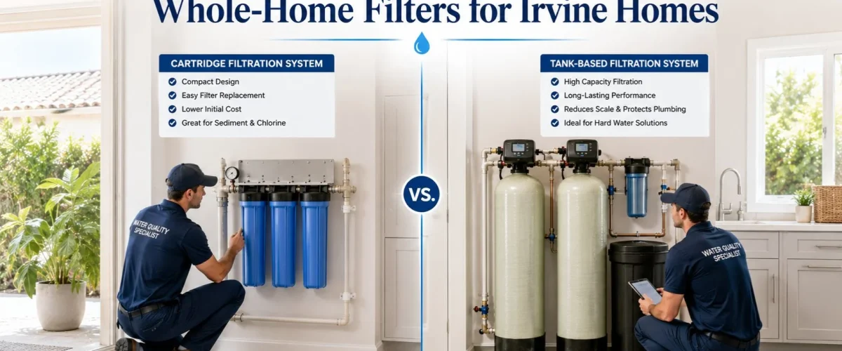 Cartridge vs. Tank-Based Whole-Home Filters comparison for an Irvine home showing cartridge and tank filtration systems installed side by side